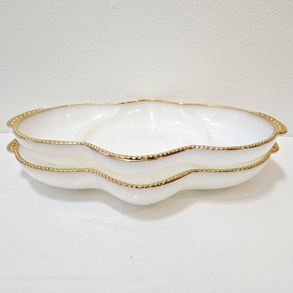 Vintage Anchor Hocking Fire King Milk Glass Relish Tray w/ Gold Beaded Trim (2) - Picture 3 of 13